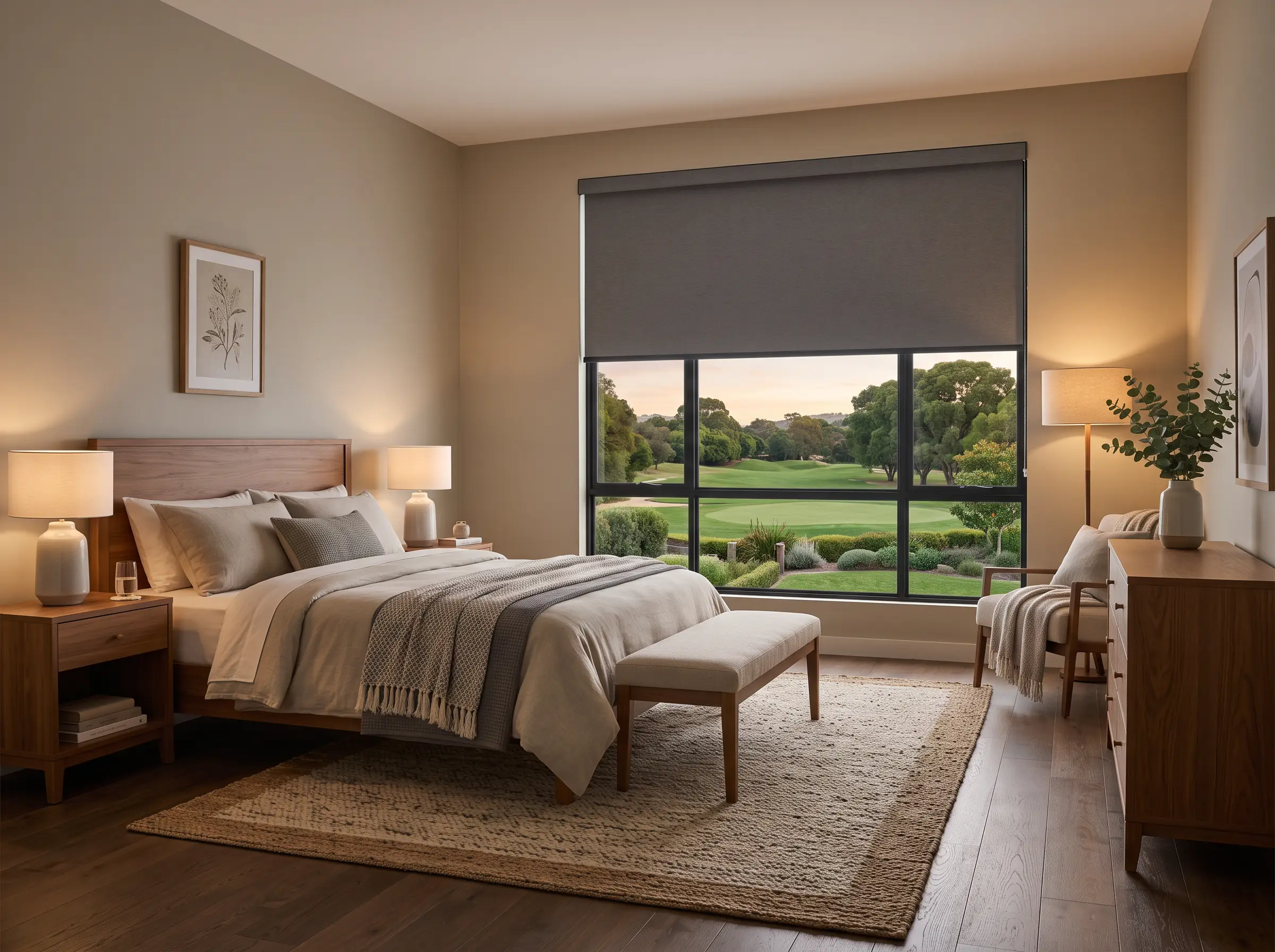 Guest bedroom with a block-out roller blind partially lowered, golf estate garden visible, Blue Valley Golf Estate home