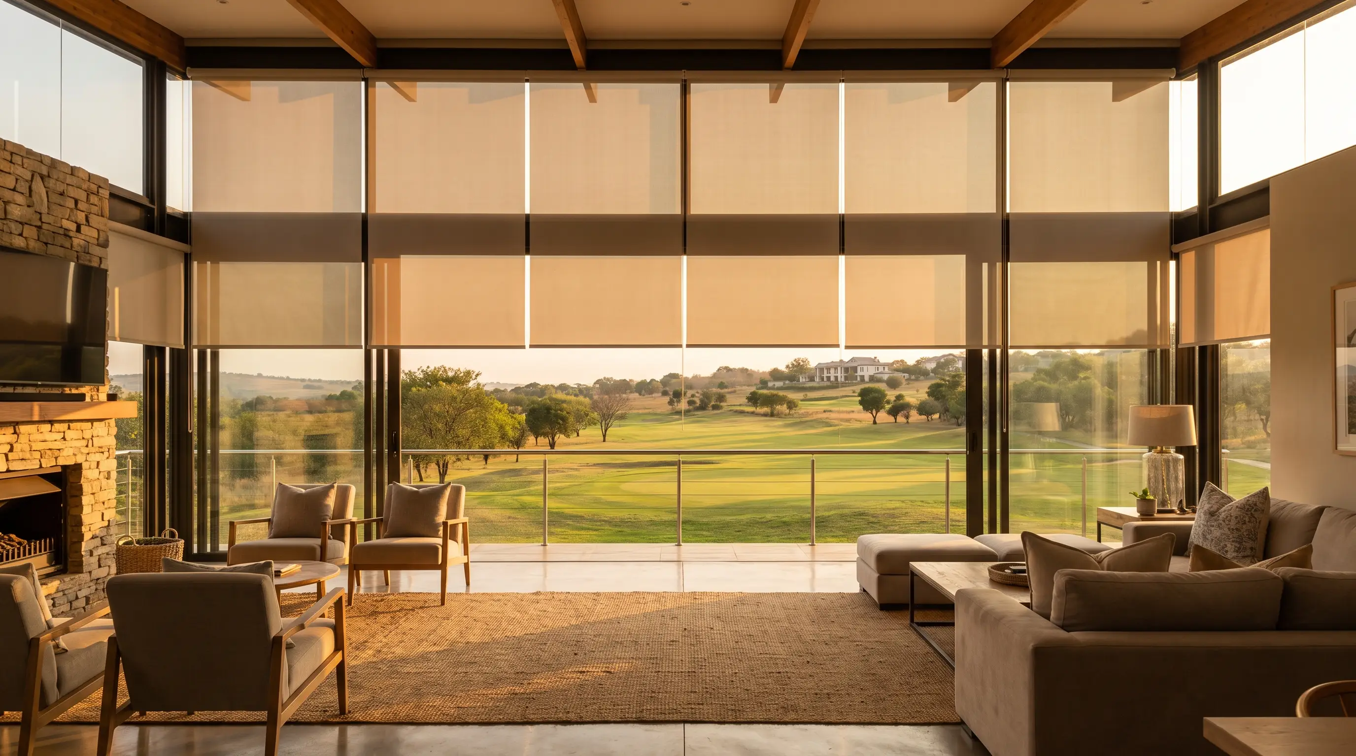 Motorised roller blinds in an open-plan living room overlooking the fairway at Copperleaf Golf Estate