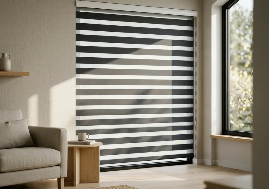 Day and night blind with alternating sheer and solid bands on a lounge window