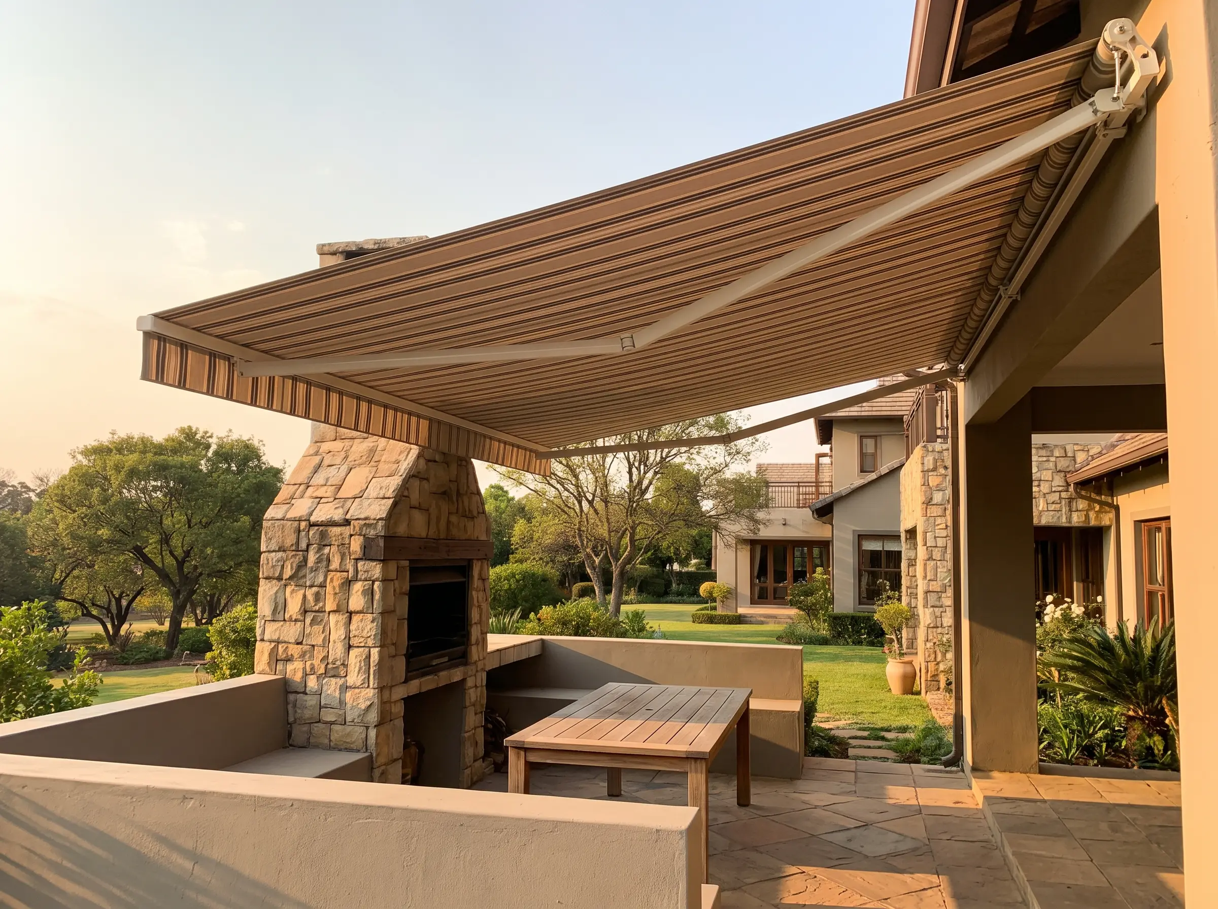 Folding-arm awning extended over a braai and entertaining patio with built-in seating, Eldoraigne home