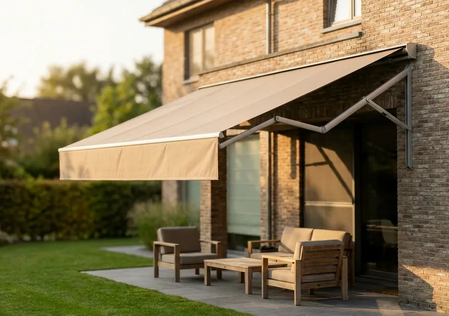 Folding-arm awning on a full cassette mounting, arms extended over the patio seating below