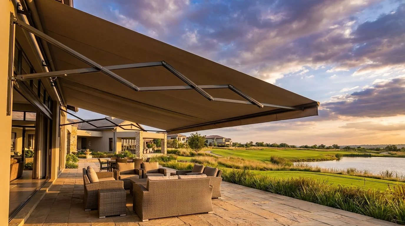 A folding-arm awning extended on articulated arms over a paved Centurion Golf Estate patio with no posts on the paving, a green fairway and a dam of water beyond under a dramatic Highveld sky