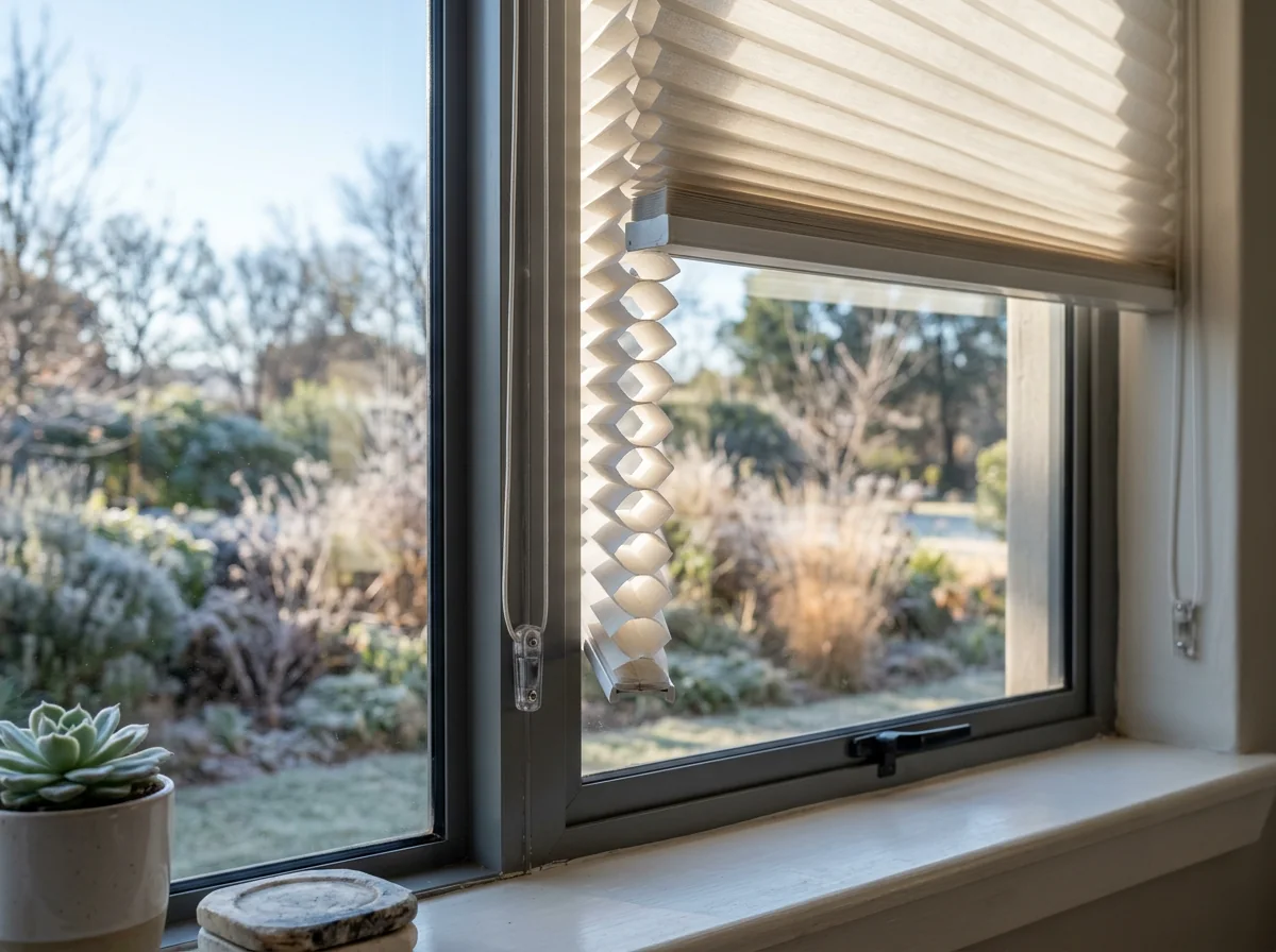 Close-up of a cellular honeycomb blind on a Centurion Golf Estate window, the row of hexagonal honeycomb cells clearly visible in profile trapping air for insulation, lit by soft cold-morning winter light with a frost-touched garden beyond