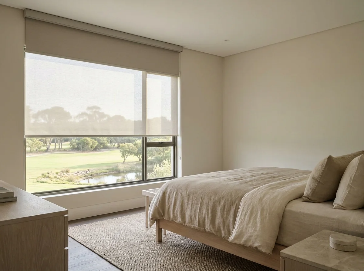 A Centurion Golf Estate bedroom window fitted with a double roller — a smooth flat open-weave sunscreen roller lowered with the fairway and water visible through it, and a flat blockout roller rolled up in its cassette above, no folds or pleats