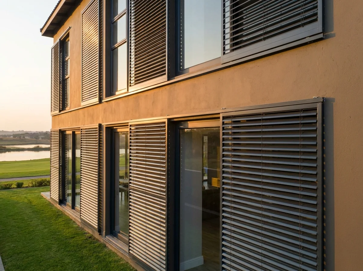 External venetian blind mounted outside the glass on the west wall of a contemporary Centurion Golf Estate home, aluminium slats part-lowered and tilted to block low afternoon sun before it reaches the pane, fairway and a glint of water beyond