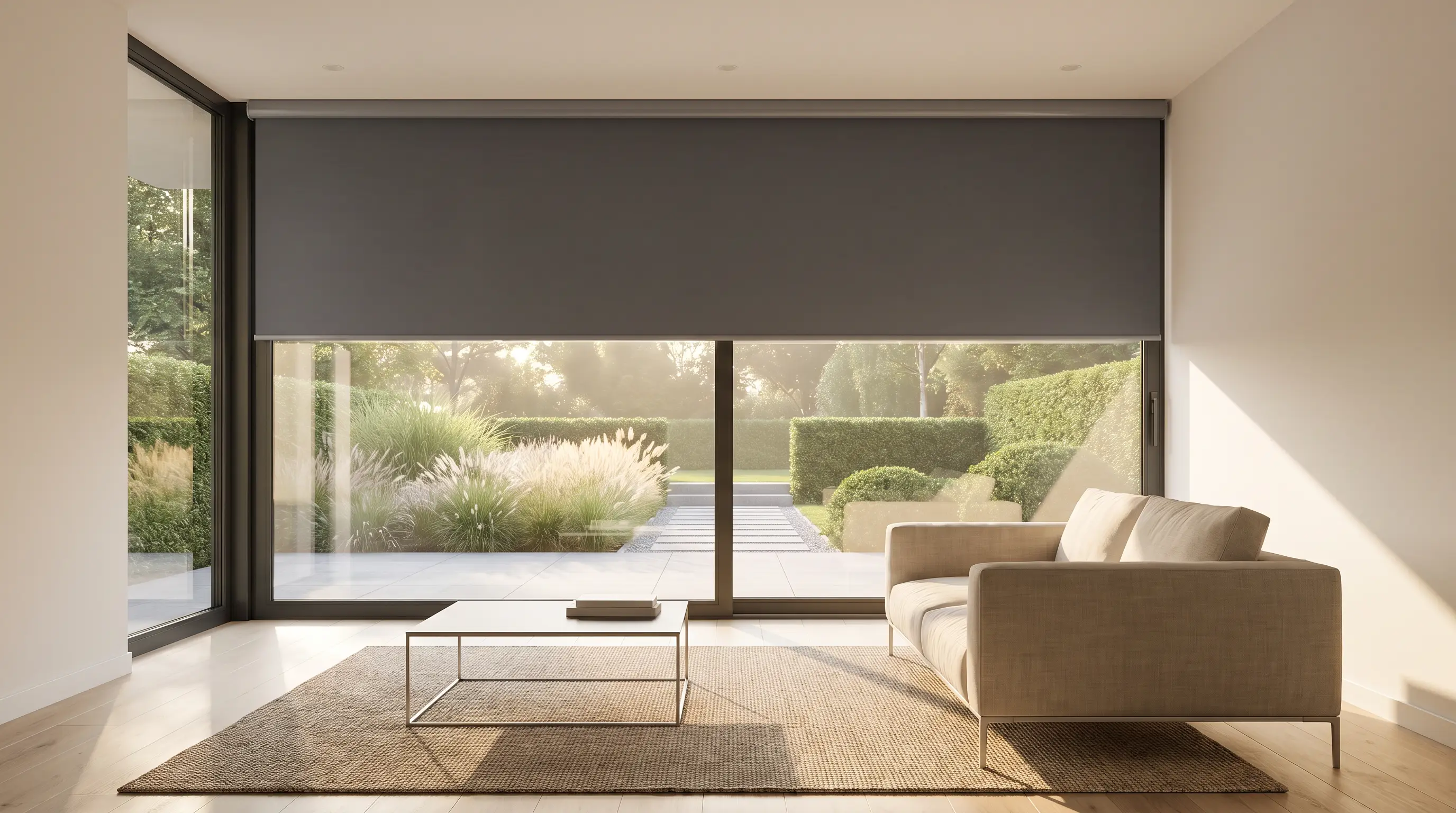 Motorised roller blind partway down a wide glass sliding door in a contemporary living room