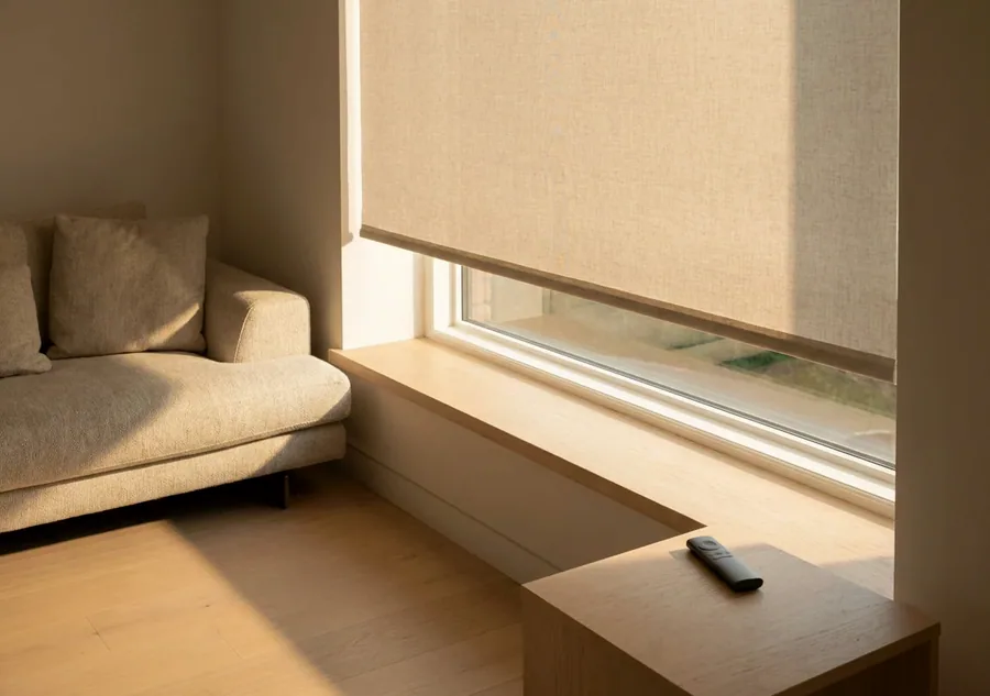 Motorised roller blind on a lounge window with its remote control on the side table