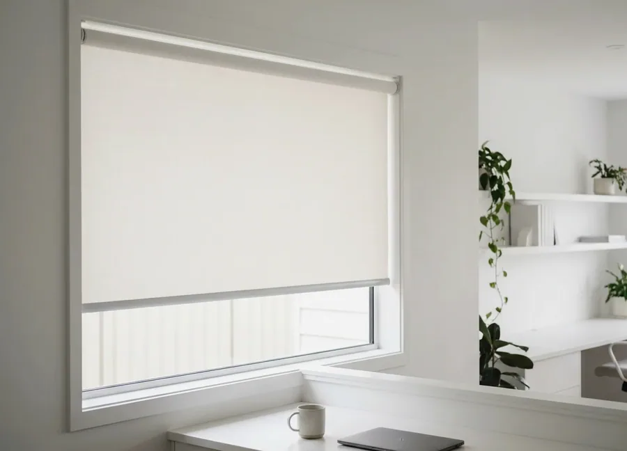 Flat cream roller blind half-lowered on a wide window in a Centurion Golf Estate home