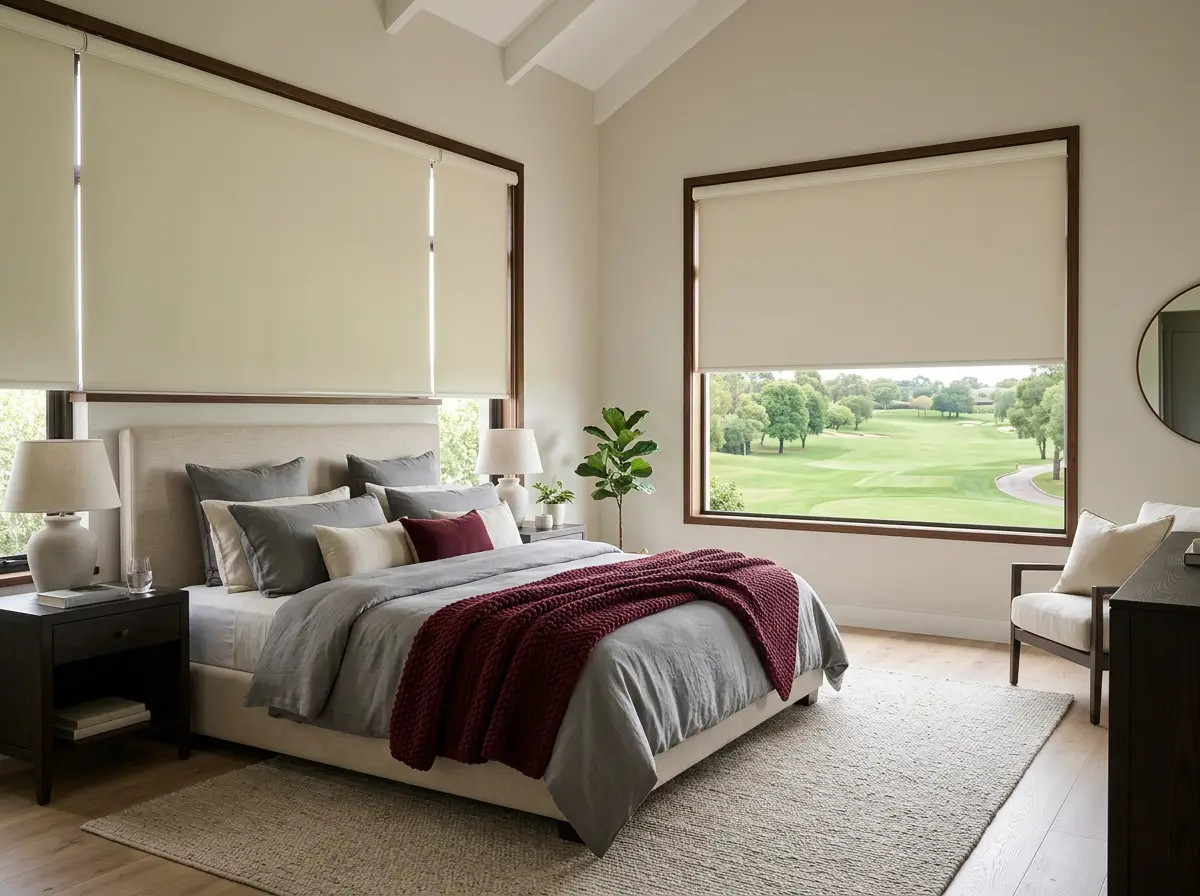 Bedroom with block-out roller blinds overlooking the fairway, Centurion Golf Estate home