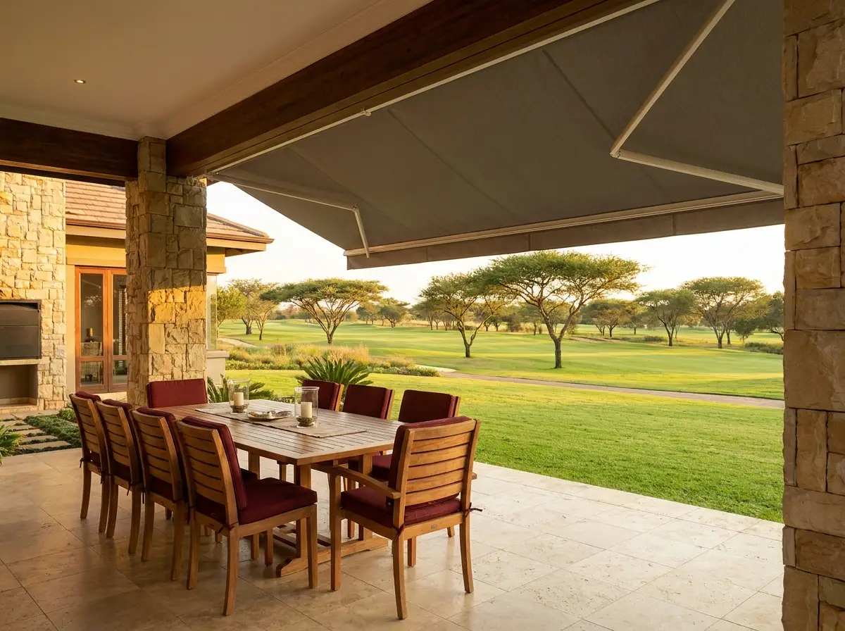 Folding-arm awning shading an entertaining patio overlooking the fairway, Centurion Golf Estate