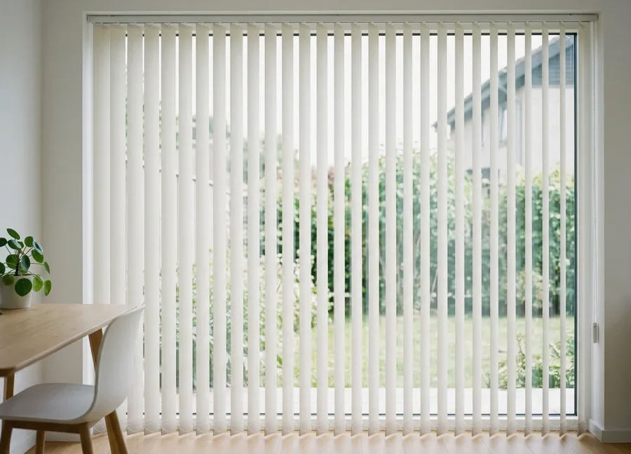 Vertical blind vanes drawn across a wide glass sliding door