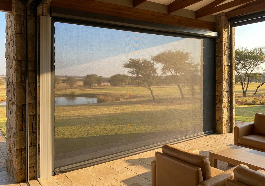 Charcoal zip screen dropped from a patio beam into aluminium side channels between stone columns at a Centurion Golf Estate home, the dam and fairway still readable through the mesh