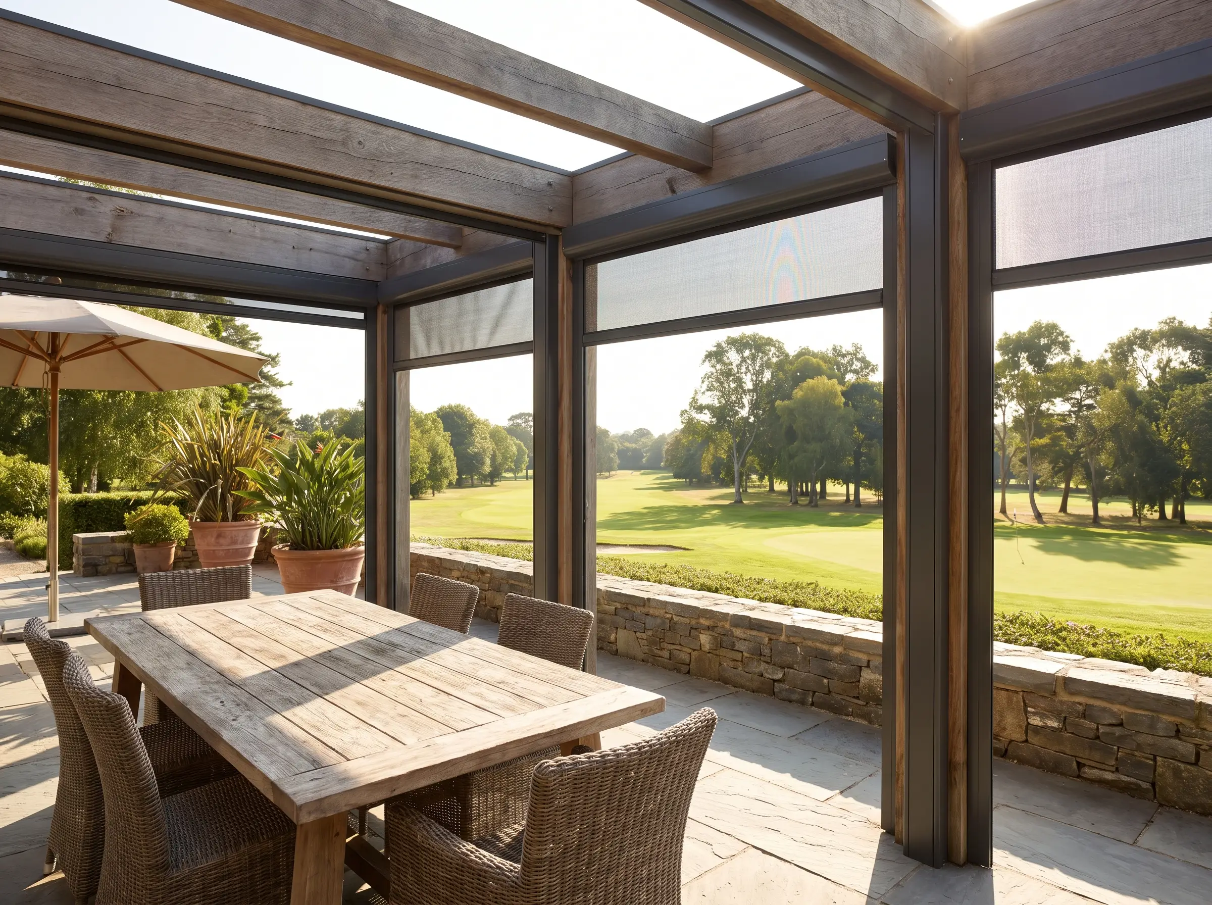 Open-air patio dining area with aluminium zip-screen side channels visible, ready to be lowered, Centurion Golf Estate